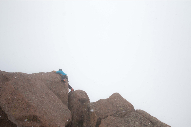 Logan Jauernigg demonstrating “The leap of faith” move to the summit block. [Photo] Bjorn Bauer