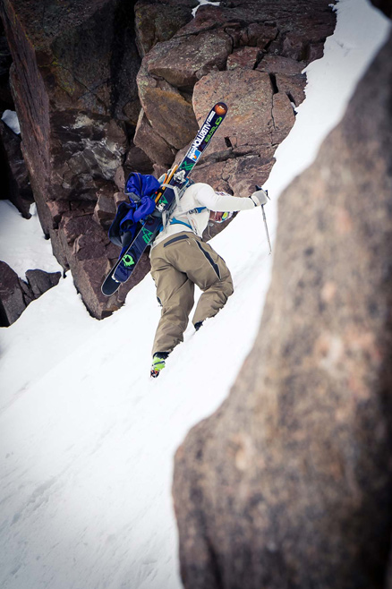 Austin Porzak finds firmer snow in the top half of the East couloir.