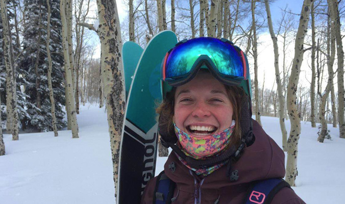 Caitlin Mitchell is happy about all of the fresh powder she has been able to ski at Powder Mountain for Gear Test Week. [Photo] Dana Allen