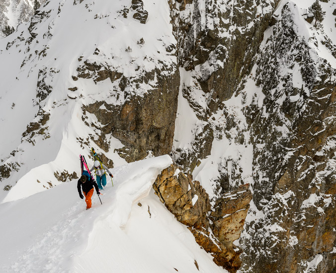 David Sanabria and Keely Kelleher climbing the north ridge of Gran Encantat, enroute to skiing hte Canal de central