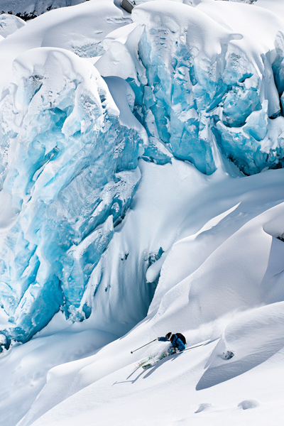 "Ilir Osmani navigates the towering ice blocks of the Saleina Glacier." | Mont Blanc, Switzerland | [Photo] Yves Garneau