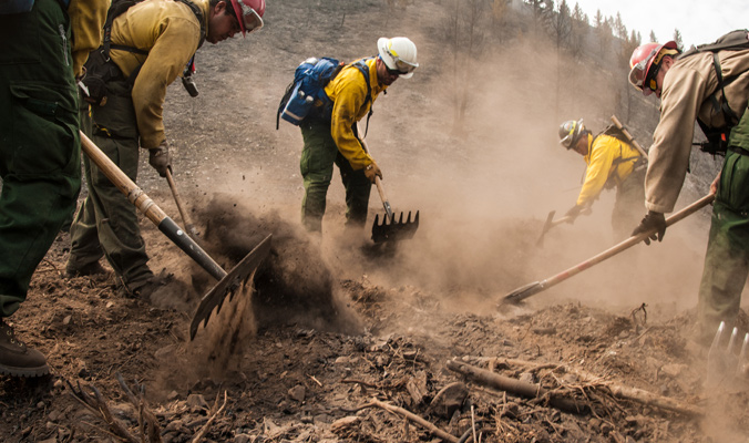 "Southern Plains and Comanche Type 2 Initial Attack Crews and an Engine Crew work together to extinguish underground smoldering fires in roots or buried tree limbs." | Beaver Creek fire, Hailey, Idaho | Photo: U.S. Department of Agriculture