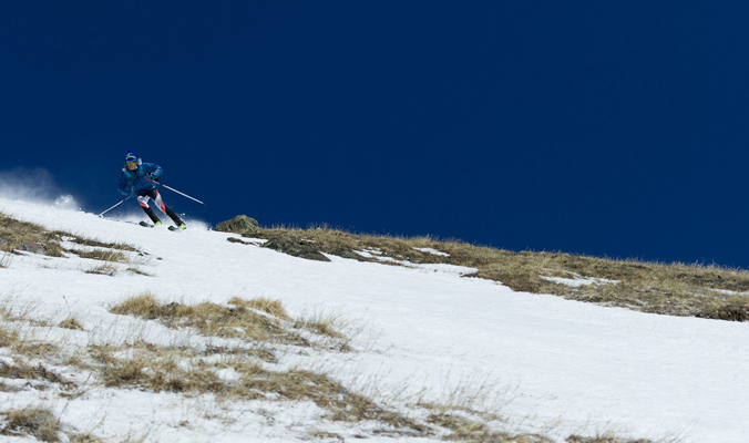 Scott Simmons charges into Grouse Gulch on snow that was variable, punchy, rotten and rock solid. [Photo] Ben Brashear